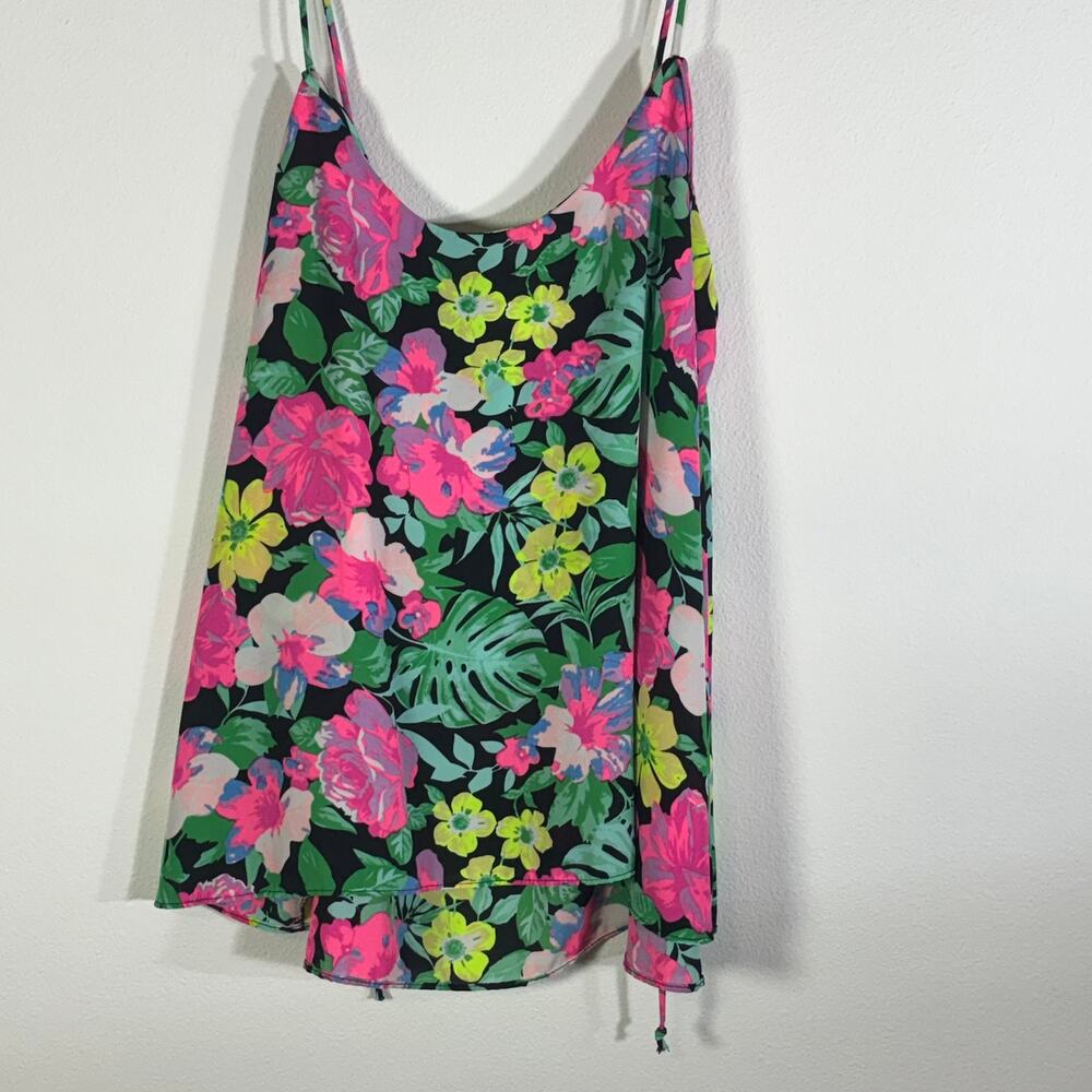 NYMPHE Tropical Floral Cami Top Size S Neon Pink Green Strappy Cami Layered